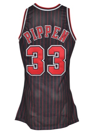 1996-97 Scottie Pippen Chicago Bulls Game-Used & Twice-Autographed Black Pinstripe Alternate Uniform (2)(JSA • Bulls LOA • Championship Season • Photomatch)