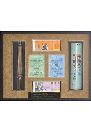 Framed 1960 Olympic Torch and Case Twice-Autographed by Cassius Clay & Muhammad Ali with Signed Ceremony Tickets (JSA)