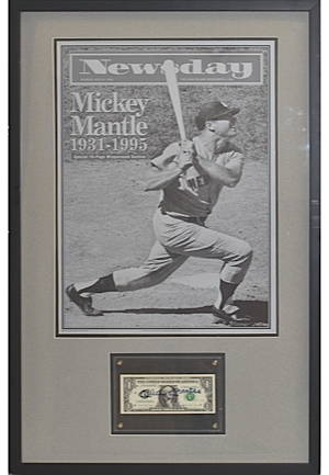 Framed 8/14/1995 Mickey Mantle Front Page Memorial & Autographed Dollar Bill (JSA)