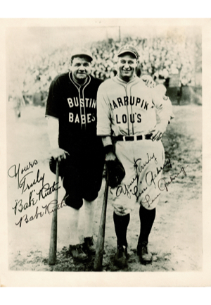 Spectacular Babe Ruth & Lou Gehrig Bustin Babes & Larrupin Lous Dual-Signed Barnstorming Photograph (Full JSA LOA • Stamped "Christy Walsh Management")