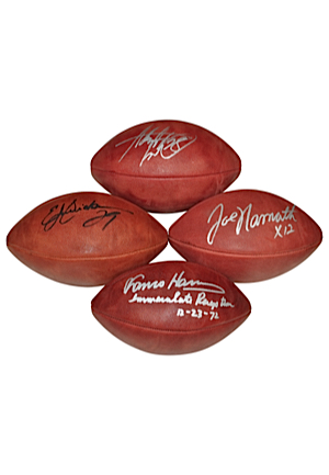 Single-Signed Autographed Footballs — Joe Namath, Eric Dickerson, Franco Harris & Adrian Peterson (4)(JSA • PSA/DNA)