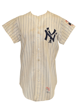 1971 Jerry Kenney New York Yankees Game-Used Home Pinstripe Flannel Jersey (Extremely Rare 50th Anniversary Yankee Stadium Patch)