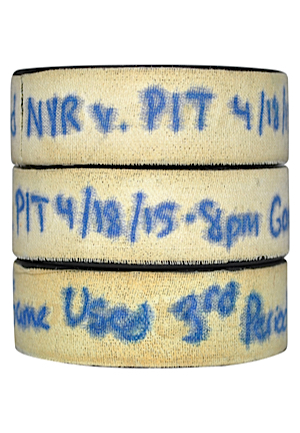 4/18/2015 New York Rangers NHL Playoffs Game-Used Hockey Pucks (3)(Steiner Sports LOAs)