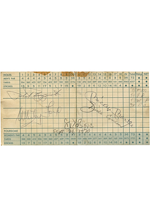 Mickey Mantle, Whitey Ford, Phil Rizzutto & Dick Conlon Autographed Golf Scorecard (JSA)