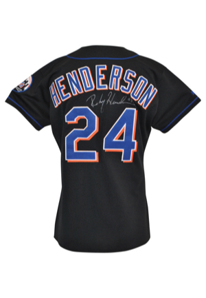 1999 Rickey Henderson New York Mets Game-Used & Autographed Black Alternate Jersey (JSA • PE Straight Hemmed Tail)