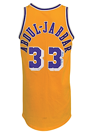 Mid 1980s Kareem Abdul-Jabbar Los Angeles Lakers Pro Cut Twice Autographed Home Jersey (JSA)