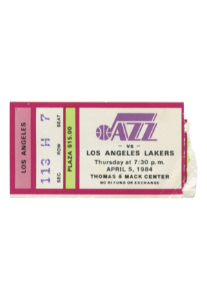 4/5/1984 Utah Jazz Vs. Los Angeles Lakers Ticket Stub — Kareem Abdul-Jabbar Breaks NBA All-Time Scoring Record