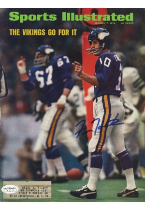 Four Signed Football Magazines — 1/7/1974 Fran Tarkenton Sports Illustrated, 12/29/1986 Joe Paterno Sports Illustrated, 1/26/1987 Lawrence Taylor Sports Illustrated & 1970 Pro Football Joe Namath...