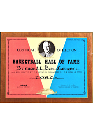 1969 Bernard L. Carnevale Naismith Memorial Basketball Hall Of Fame Certificate Of Election (Carnevale Family LOA)
