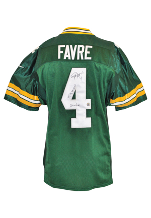 1999 Brett Favre Green Bay Packers "3 In A Row" Autographed MVP Home Game Jersey (JSA • Photo Of Favre Signing • Favre Hologram)