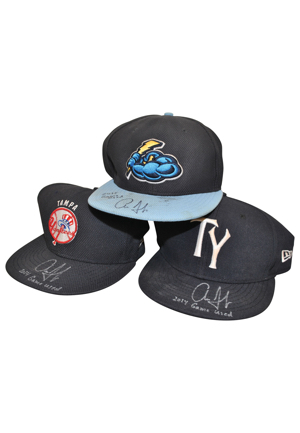 Aaron Judge Player-Worn Minor League Items — 2015 Trenton Thunder Jersey & Autographed Cap With Two 2014 Tampa Yankees Autographed Caps (4)(JSA • Trenton Thunder LOA) 