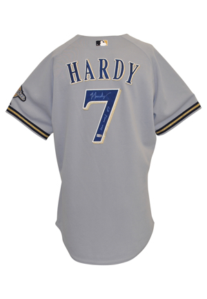 2007 J.J. Hardy Milwaukee Brewers Game-Used & Autographed Road Jersey (JSA • MLB Hologram • GU A10)