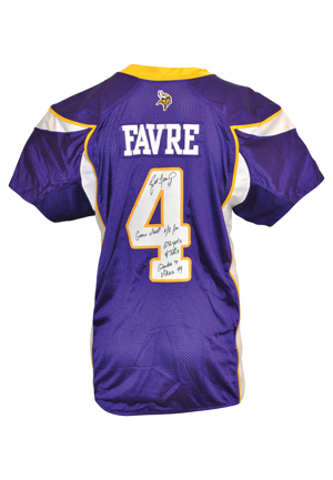 1/3/2010 Brett Favre Minnesota Vikings Game-Used & Autographed Home Jersey (JSA • Brett Favre LOA • Photo Of Favre Signing)