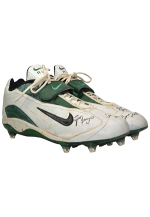 1/20/2008 Brett Favre Green Bay Packers NFC Championship Game-Used & Autographed Cleats (JSA • Final Game As A Packer • Brett Favre LOA • Photo Of Favre Signing)