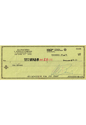 Al Pacino Autographed Personal Bank Check (JSA • PSA/DNA)