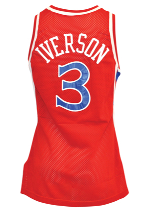 1996-97 Allen Iverson Rookie Philadelphia 76ers Game-Used Road Jersey (ROY Season • Rare On-Court Documented Red, White & Blue Logoman Exemplar)