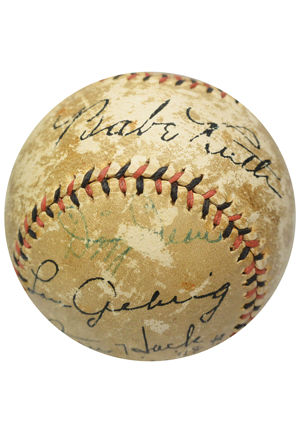 Multi-Signed Autographed Baseball — Babe Ruth, Dizzy Dean, Lou Gehrig & Stan Hack (Full JSA LOA) 