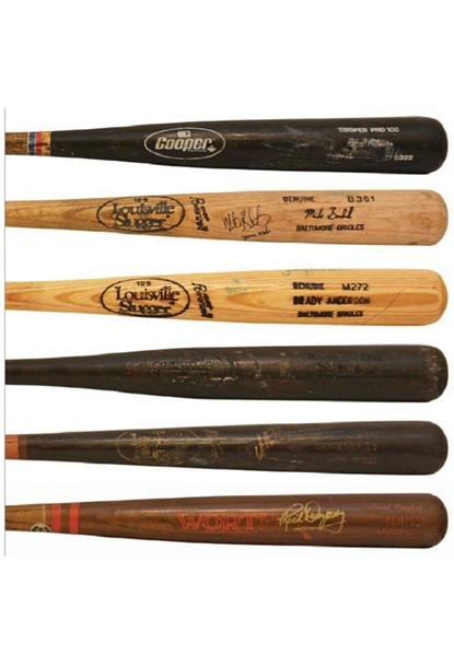 1980s-90s Baltimore Orioles Game-Used Bats — Autographed Brady Anderson, Autographed Mike Bordick, Autographed Chris Hoiles, Rafael Palmeiro, Autographed Rick Dempsey & Doug DeCinces (6)(JSA •...