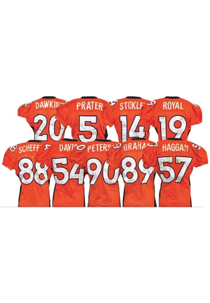 2009 Denver Broncos Game-Used Orange Crush Home Jerseys — Brian Dawkins, Eddie Royal, Tony Scheffler, Andra Davis, Matt Prater, Brandon Stokley, Kenny Peterson, Daniel Graham & Mario Hagan (9)