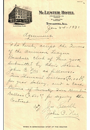 1931 Joe Sewell New York Yankees Player Agreement (JSA)