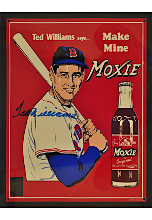 Ted Williams Autographed Tin "Moxie Cola" Advertisement Piece (JSA • Williams Hologram)