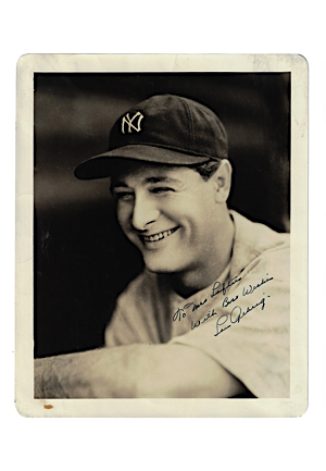 Beautiful Lou Gehrig Autographed B&W New York Yankees 8x10 Photo Personalized To The Wife Of 1920s Brooklyn Robins Dick Loftus (Full JSA LOA • MINT Autograph • Sourced From The Family)