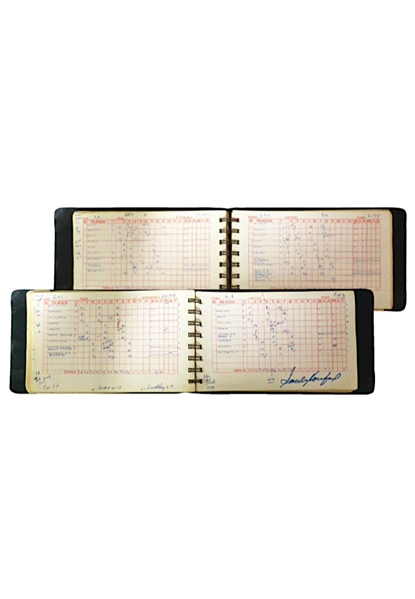 Legendary Los Angeles Sportswriter Frank Finchs 1965 Dodgers Official Scorebook With Koufaxs Perfect Game Log Autographed By Koufax (Full JSA • Every Regular Season Game + World Series)