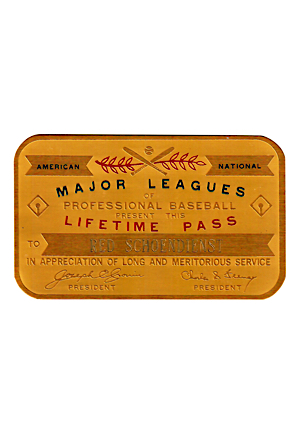 Major League Baseball Lifetime Pass Presented To Red Schoendienst