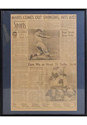 10/2/1961 Roger Maris New York Yankees Single-Signed Framed Original Newspaper Page Detailing His Historic 61st Home Run (JSA)