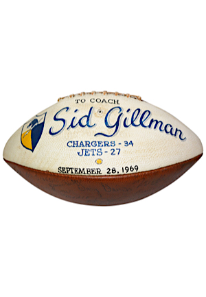 9/28/1969 San Diego Chargers vs. New York Jets AFL Team-Signed Game-Ball Presented To Sid Gillman (JSA • Gillman Family LOA)