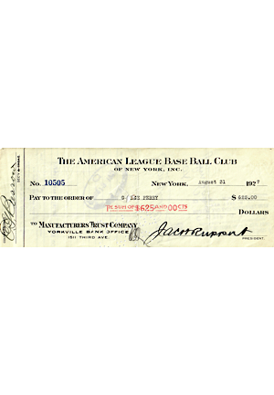 1927 New York Yankees Payroll Check Signed By President Jacob Ruppert, Ed Barrow & George Perry (JSA)