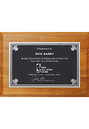 1977 NBA All-Star Game Plaque Presented To Rick Barry In Recognition Of Being Selected For The All-Star Team