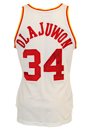 1984-85 Hakeem Olajuwon Houston Rockets Game-Used & Dual Autographed Rookie Home Jersey (JSA • Basketball Hall of Fame LOA)