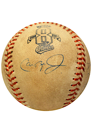 9/6/1995 Baltimore Orioles "Record Breaking" Game-Used Baseball Autographed By Cal Ripken Jr. & Umpires (Game That Broke Gehrigs Streak • Umpire LOA)