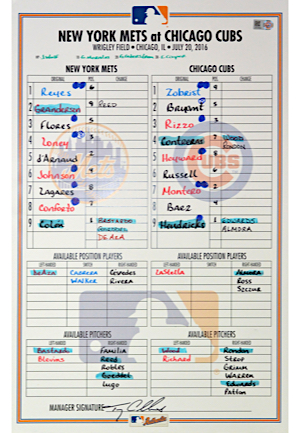 7/20/16 New York Mets vs Chicago Cubs Lineup Card Hung In Mets Dugout & Signed By Manager Terry Collins (JSA • Cubs Championship Season • MLB Authenticated)