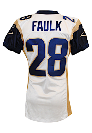 2001 Marshall Faulk St. Louis Rams Game-Used & Autographed Road Jersey (JSA • Repairs • Patched & Prepped For Super Bowl)
