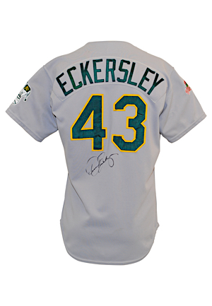 1988 Dennis Eckersley Oakland As World Series Game-Used & Autographed Road Jersey (JSA • Photo-Matched & Graded 10 • Worn While Giving Up Gibsons Iconic Homer • Baseball HOF, As & Dodgers LOAs)