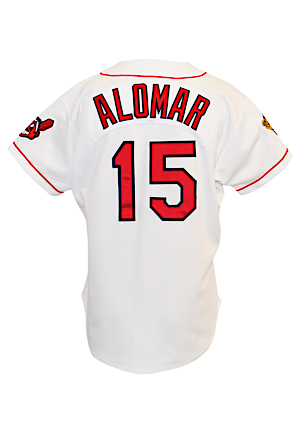 1995 Sandy Alomar Cleveland Indians Game-Used World Series Home Jersey (Great Use With Clear Chest Protector Wear Pattern)