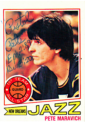 1974 & 1977 Topps Pete Maravich New Orleans Jazz Autographed & Inscribed Basketball Cards (2)(Full JSA)