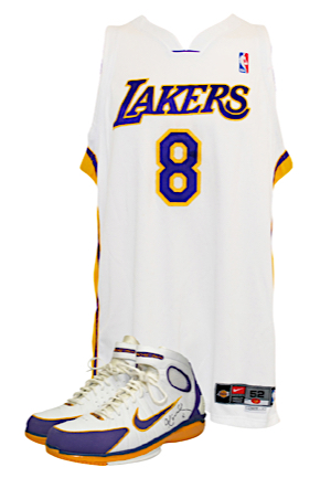 2003-04 Kobe Bryant Los Angeles Lakers Game-Used Sunday Alternate Home Jersey & Dual Autographed Sneakers Attributed To The NBA Playoffs (2)(JSA • PSA/DNA • Meza LOAs)