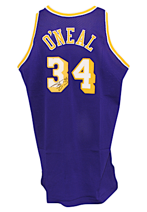 1996-97 Shaquille ONeal Los Angeles Lakers Game-Used & Autographed Road Jersey (JSA • Sourced From ONeal • Mine-O-Mine LOP)