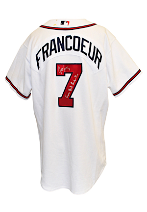 2005 Jeff Francoeur Atlanta Braves Game-Used & Autographed Rookie Home Jersey (JSA • Photo Of Francoeur With Jersey)