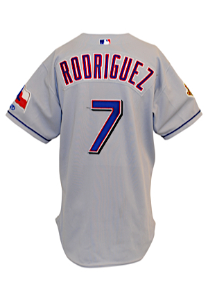 2001 Ivan "Pudge" Rodriguez Texas Rangers Game-Used Road Jersey (Rangers LOA • AL 100th Anniversary Patch)
