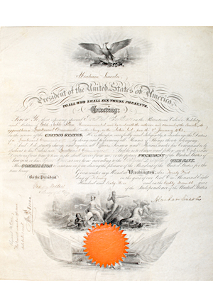 Outstanding Abraham Lincoln Signed 1863 Naval Commission Document (Full JSA & PSA • Signed As President With Full Abraham Lincoln High Grade Signature)