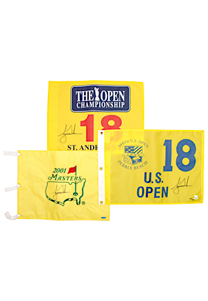 Three Tiger Woods Single-Signed Golf Flags From The Masters, US Open & The Open Championship (3)(JSA • UDA LOAs)