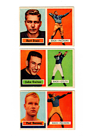 1957 Topps Football Cards of John Unitas #139, Paul Hornung #151 & Bart Starr #119 (3)
