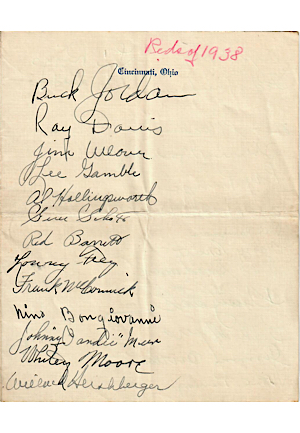 1938 Cincinnati Reds Autographed Team Sheet With Willard Hershberger (JSA)