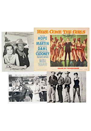 Autographed Advertisement Piece & B&W Photos Featuring Bob Hope & Western Film Actors (4)(JSA)