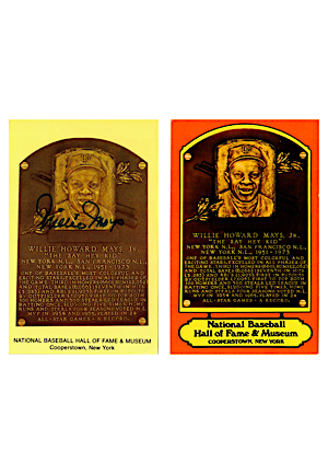 Willie Mays Autographed Vintage Hall Of Fame Plaque Postcards (2)(JSA)