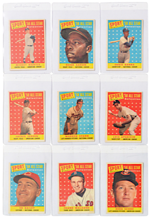 1958 Topps All-Star Baseball Cards Featuring Mantle, Aaron, Jensen, Spahn & More (9)